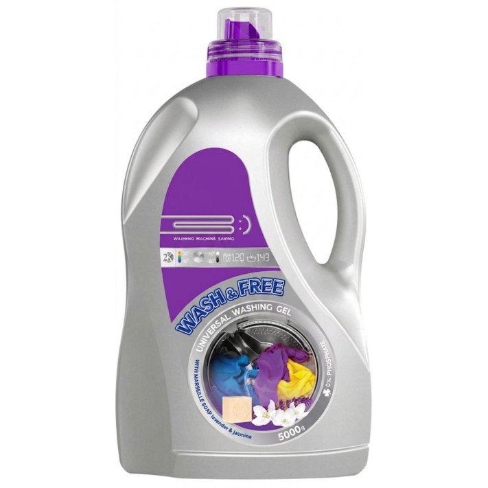   WASH&FREE Żel do prania UNIWERSALNY LAWENDA, JAŚMIN I MYDŁO MARSYLSKIE 143 prania, 5000 g